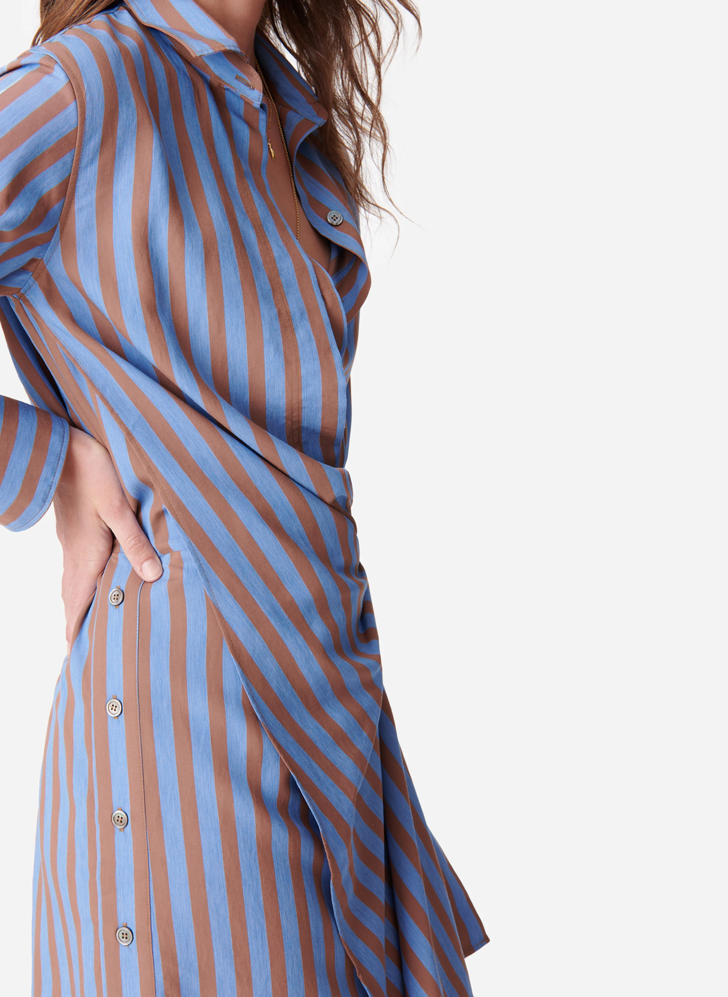 DEMI - Robe courte col classique en coton mélangé rayé | Bleu