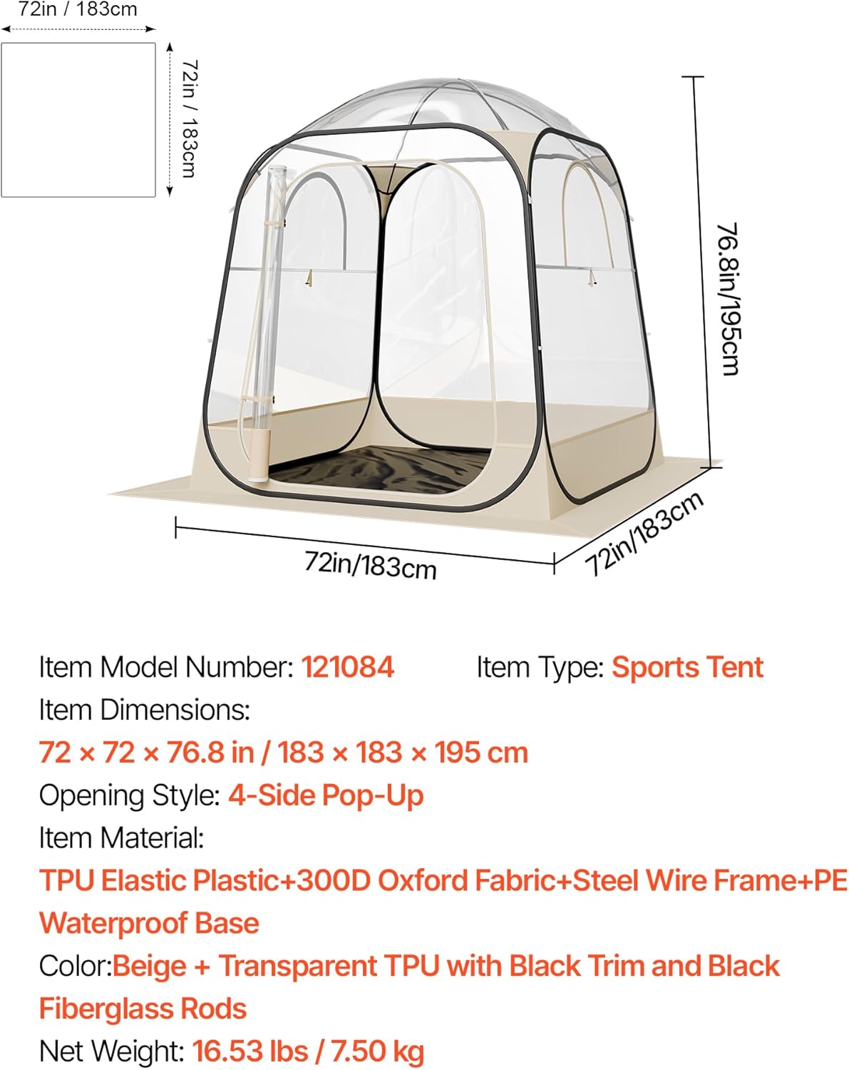 VEVOR Pop-Up-Sportzelt, 4 Größen optional, klares Blasenzelt für 1-6 Personen, wasserdichtes Outdoor-Pod mit Bodenmatte und oberer Abdeckung, Garten-Iglu-Kuppelzelte, Camping-Unterstand für