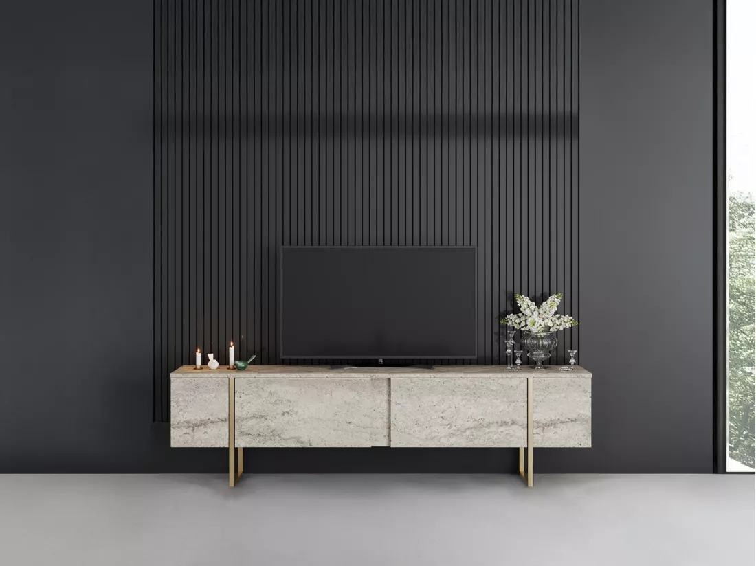 Meuble TV avec 2 portes - Effet travertin beige et doré - ZIRELDA