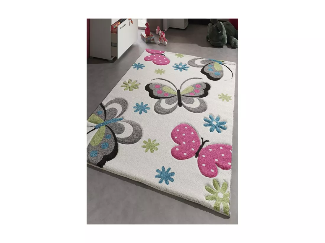 Tapis enfant 240x340 rectangle tissé crème motif animaux PAPILLONS