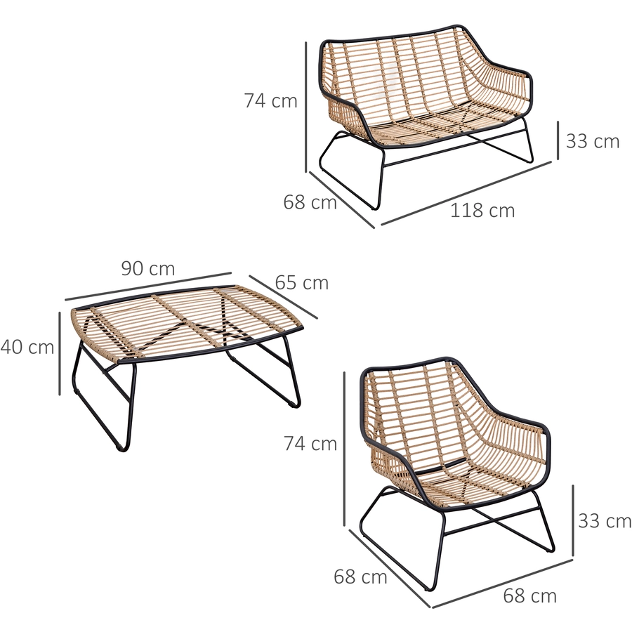 Outsunny Polyrattan Sitzgruppe mit Beistelltisch und Sitzpolstern, 4-teilig Khaki, Beige