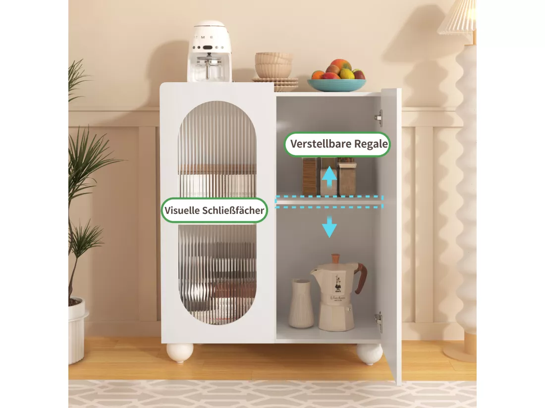 Buffet de cuisine avec 2 portes en verre - 80 x 32.5 x 99 cm - Bois MDF - Etagères réglables - Blanc