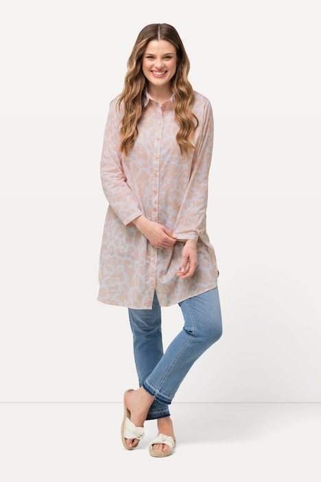 Longbluse, Leomuster, A-Linie, Hemdkragen, Langarm