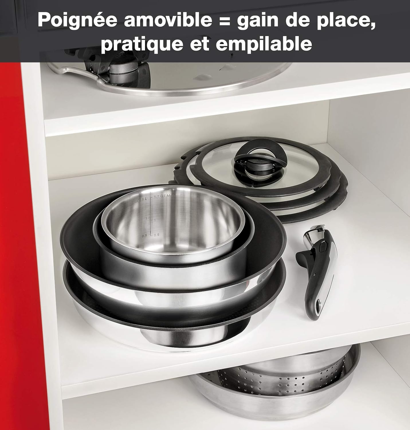 Seb Compact Inox Batterie de cuisine 10 pièces, Induction, Poêles 22/24/26 cm, Casseroles 16/18/20 cm, Sauteuse 24 cm, Couvercles 18/20 cm, 1 poignée L953SA04, Noir, argent, ‎35.4 x 35.29 x 26.8 cm