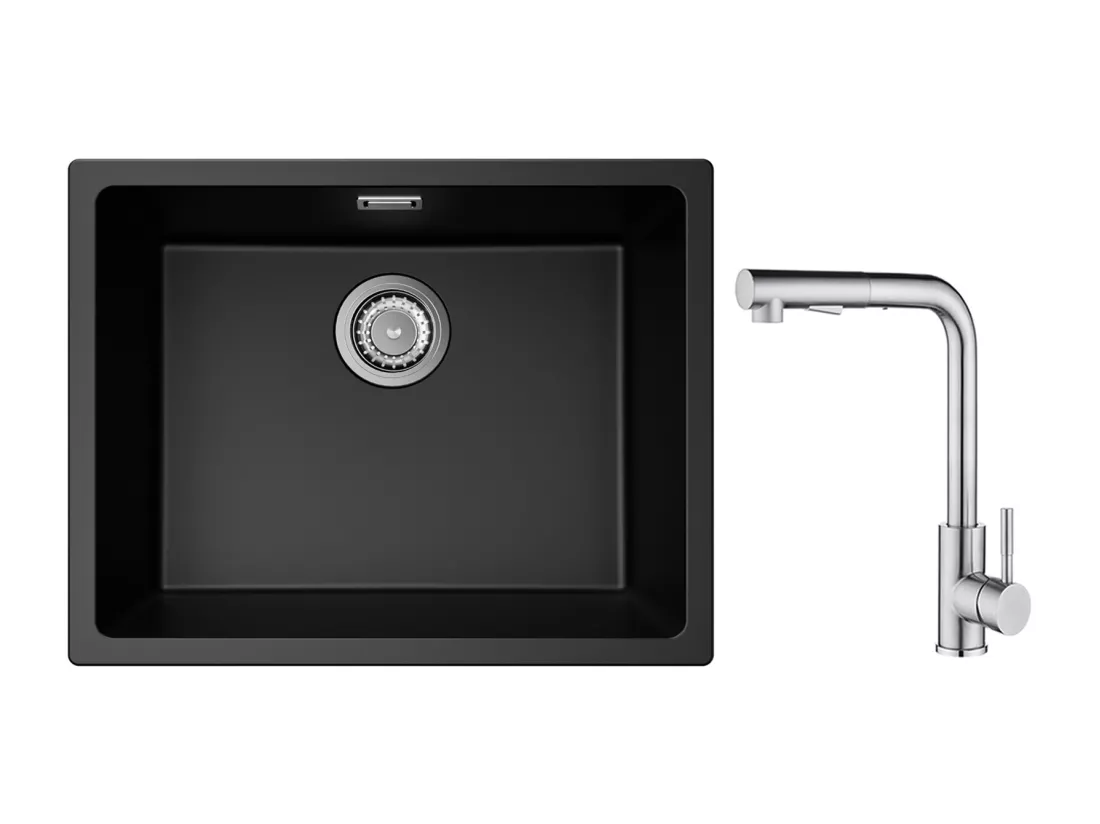 CECIPA MAX Evier 1 Bac en Quartz et Résine Noir Gris 55*44*20cm + Mitigeur Cuisine Brossé avec Douchette Extractible - 2 Jets aux Choix