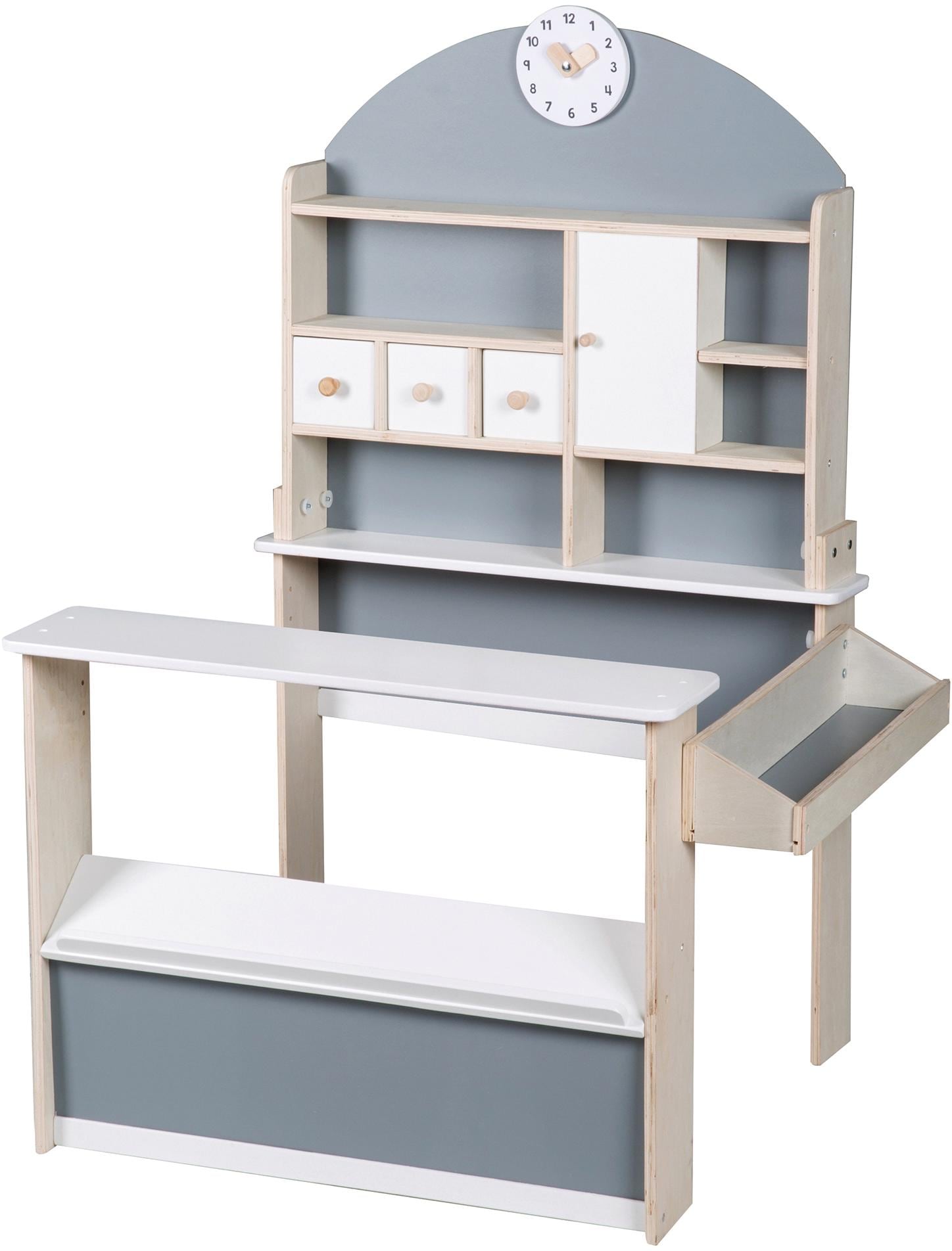 roba® Kaufladen »Verkaufsstand, weiss/grau/naur« mit Uhr