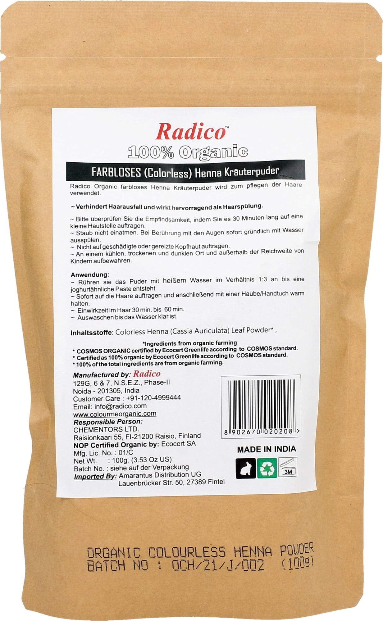 Radico  Bio-Cassia Pulver (neutrales Henna), 100 g