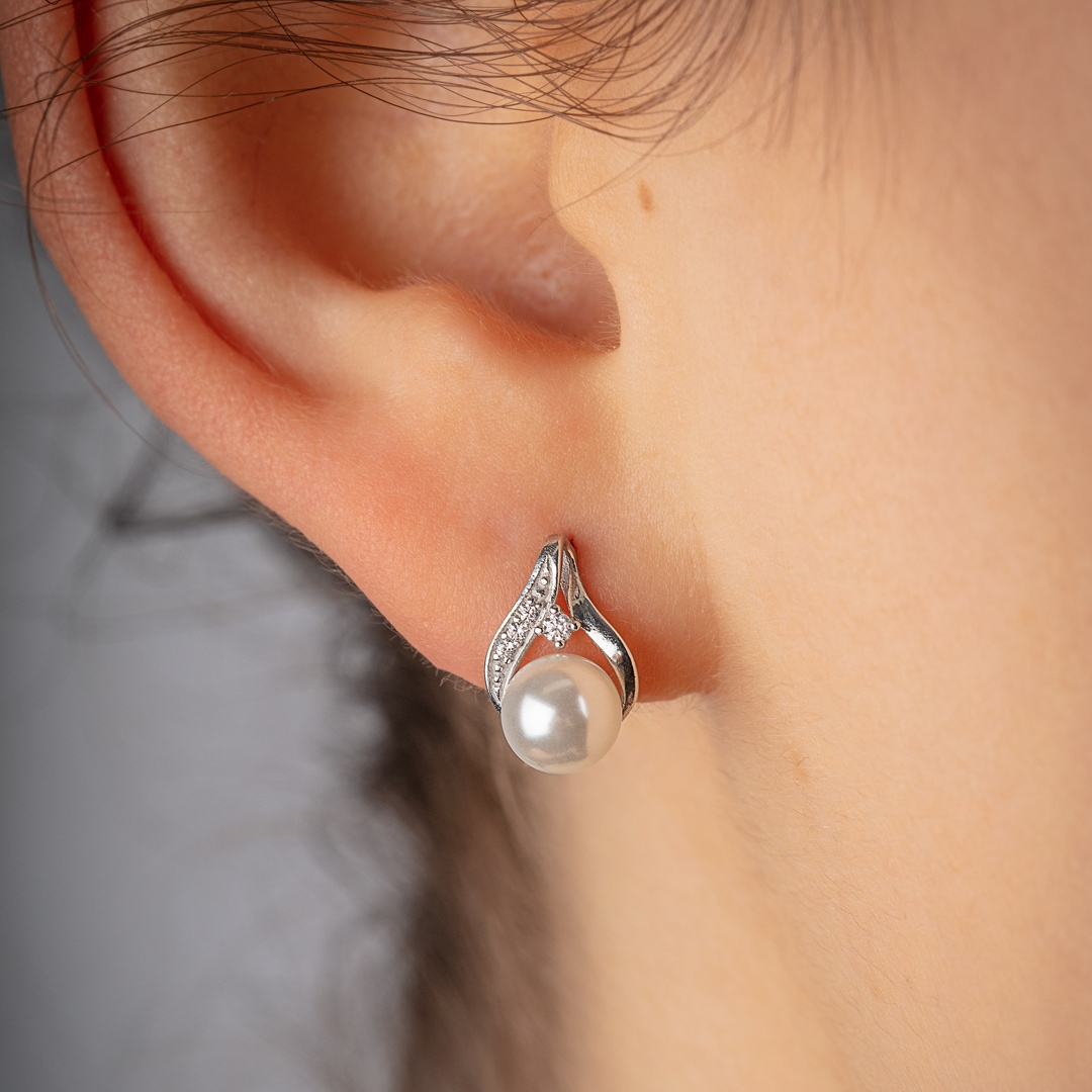 Ohrstecker 925 Silber rhodiniert mit Kunstperlen 6mm & Zirkonia