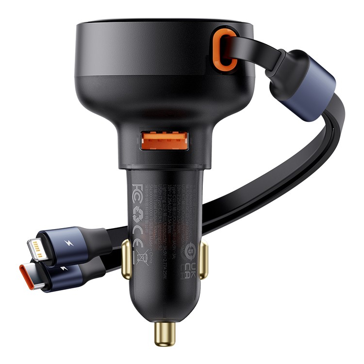 (60W) USB A Auto KFZ Ladegerät mit einziehbarem USB C / Lightning Kabel - Schwarz