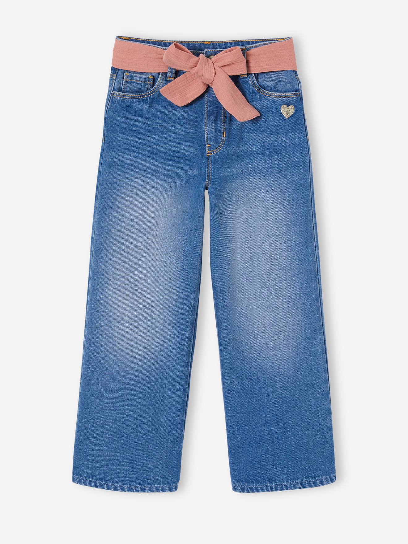 Calça jeans de pernas largas até o tornozelo com cinto de chiffon de algodão para uma mulher de estatura alta.