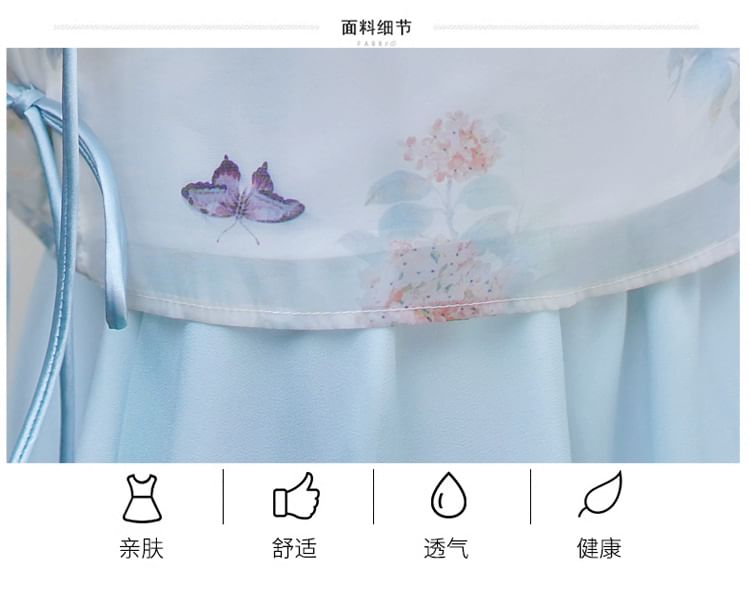 Fioridi - Hanfu-top met korte mouwen, geborduurd met bloemen en kikkermotief, knoopjes / Effen midi-A-lijn rok met hoge taille