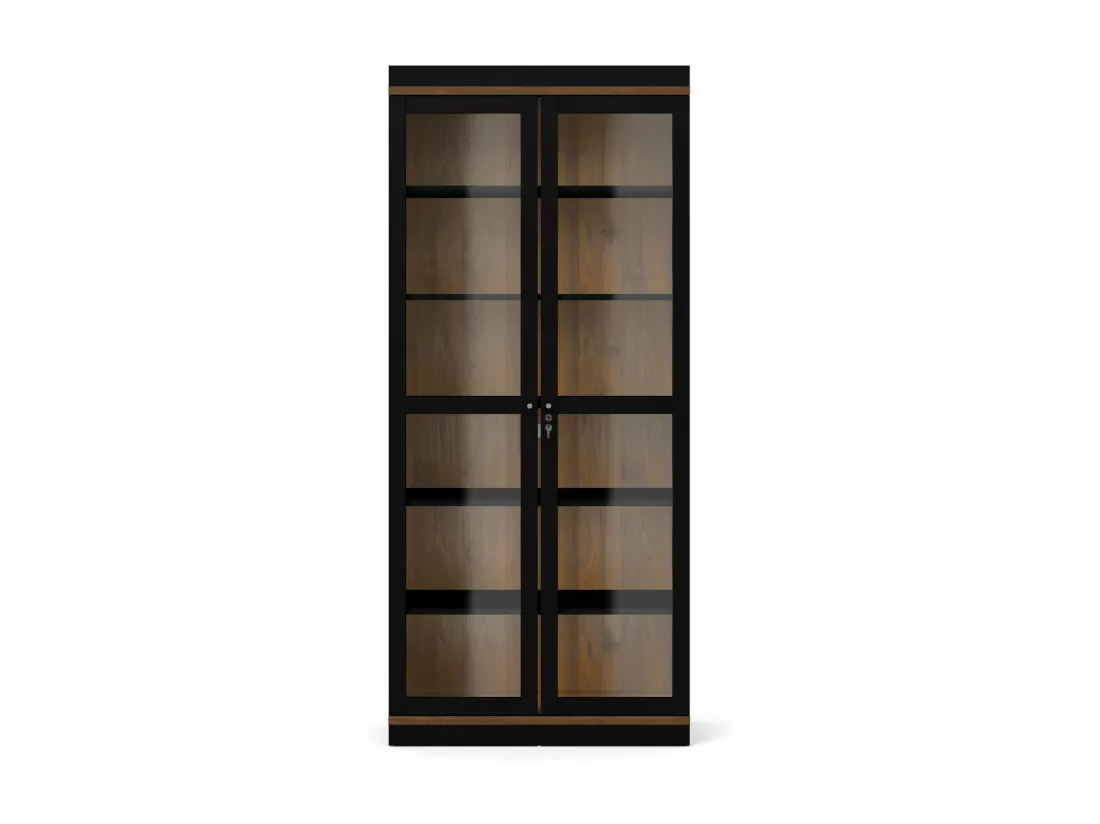 Vitrine Dvazque, Buffet d'exposition, Vitrine polyvalente, Buffet de salon, 89x36 h200 cm, Noir et Noyer