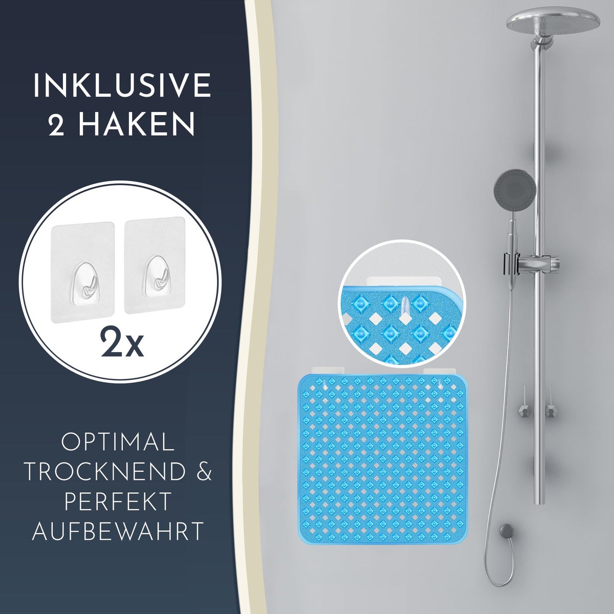 Homerella® Antislip Douchemat - 100% BPA-vrij - Inclusief 2 ophanghaken 53x53cm - Antislip douchemat, huidgevoelig en schimmelwerend - Machinewasbare douchemat