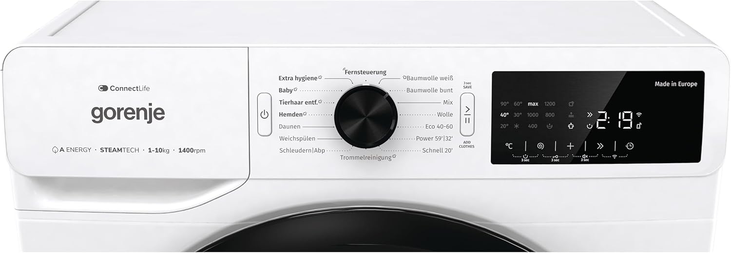 Gorenje WPAM14A2T Waschmachine mit Dampffunktion/ConnectLife / 10Kg / 1400 U/min / 15 Programme/Totaler AquaStop/Edelstahl Trommel/ExtraHygiene/PowerWash/Schnell Waschgang/EEK: A-20%