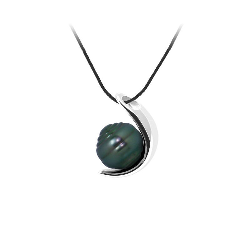 Collier Mixte en Coton noir, Pendentif Lune Perle de Tahiti Cerclée 9 mm et Argent 925/1000