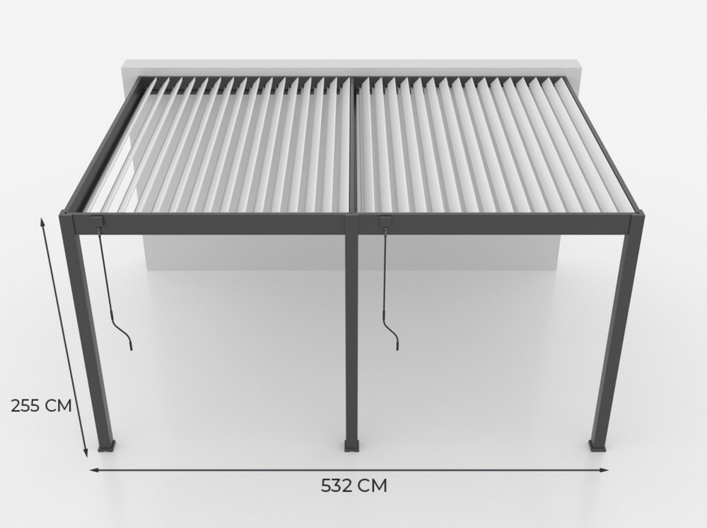 Pergola bioclimatique 3,6 x 5,3m - halo 19m² adossee - gris - aluminium - lames en acier galvanisé - lames orientables de 0 à 120°