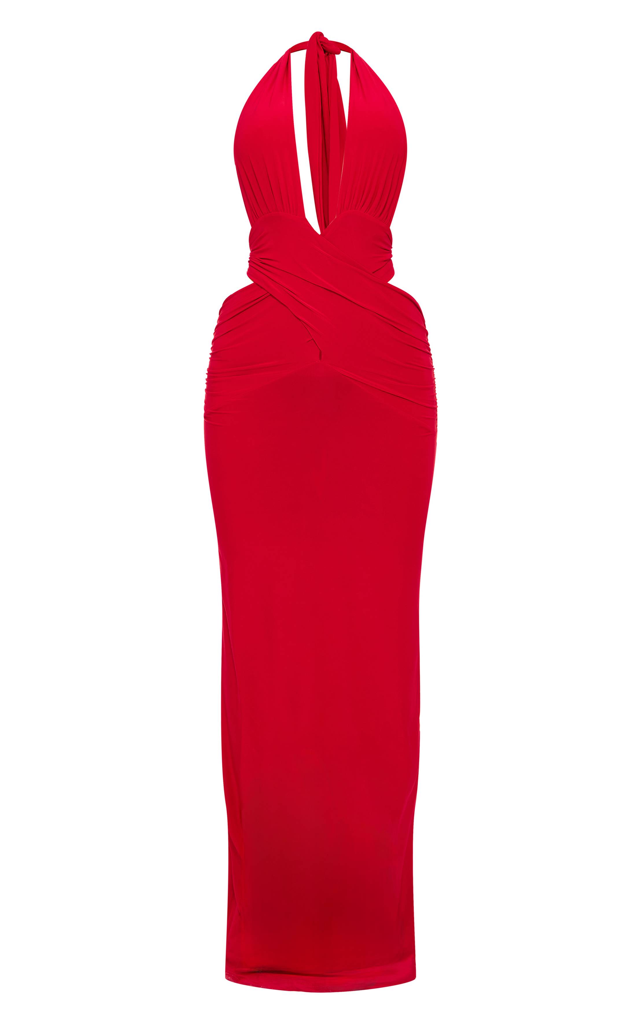 Rouge Robe Longue Moulante À Décolleté Plongeant Extrême