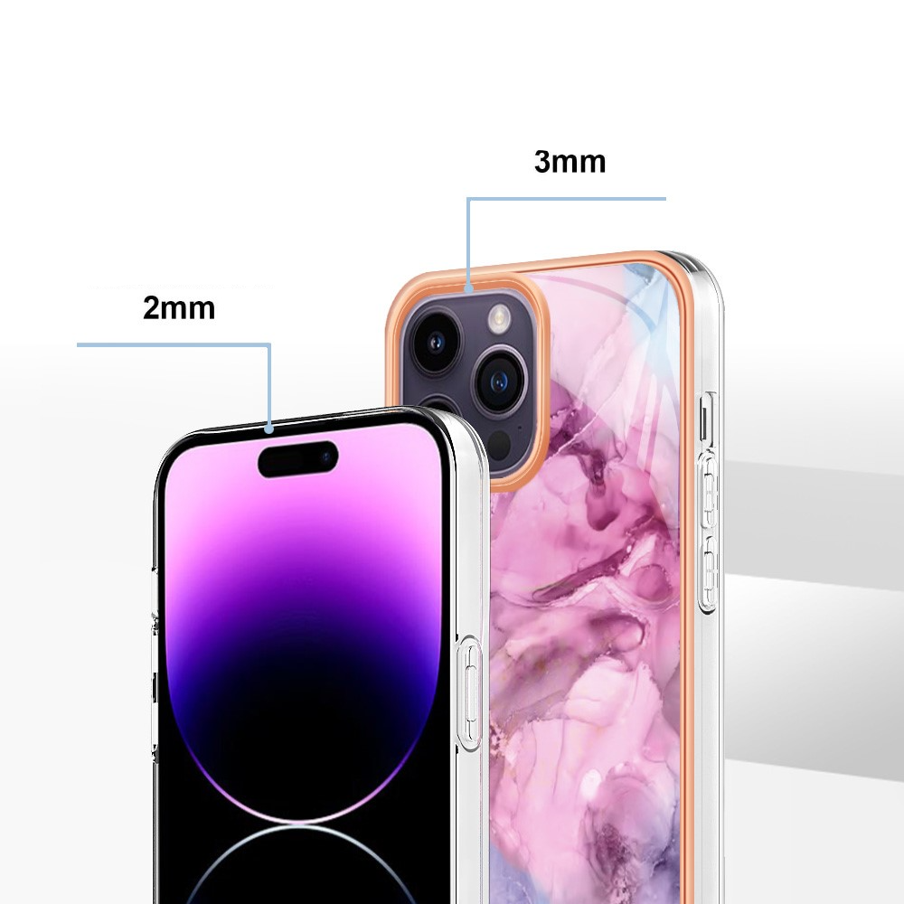 iPhone 14 Pro Gummi Case Hülle Galvanisierter Rahmen Marble Marmor Design - Pink / Lila / Roségold