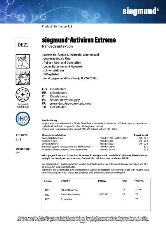 siegmund care Antivirus extreme Handdesinfektionsmittel (Push-Pull-Flasche 500ml)
