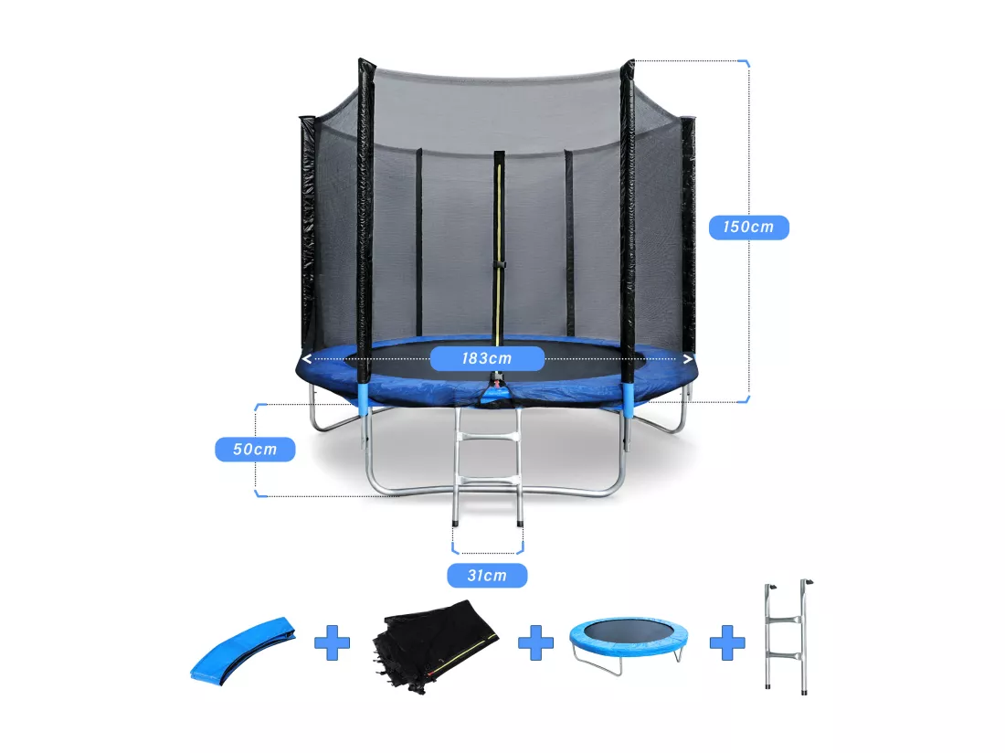 Trampoline de Jardin Enfants et Adultes Jeux d'Extérieur 244 cm Noir et Bleu Avec Filet de sécurité Couverture de protection