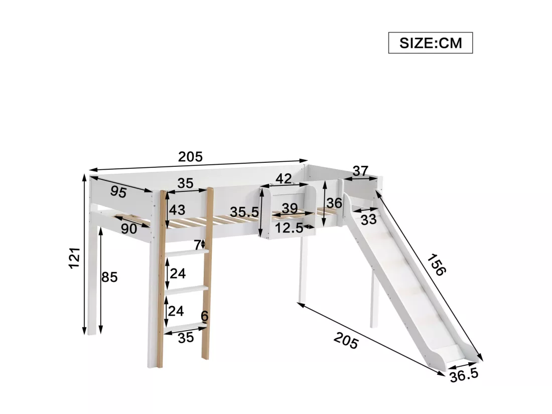 Lit mezzanine 90x200cm, lit enfant avec échelle, toboggan, étagère amovible, pin+MDF, blanc+naturel