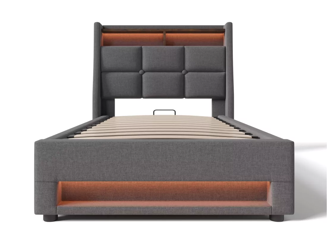 Lit coffre en lin 90x200cm avec LED et ports USB - sommier à lattes - gris