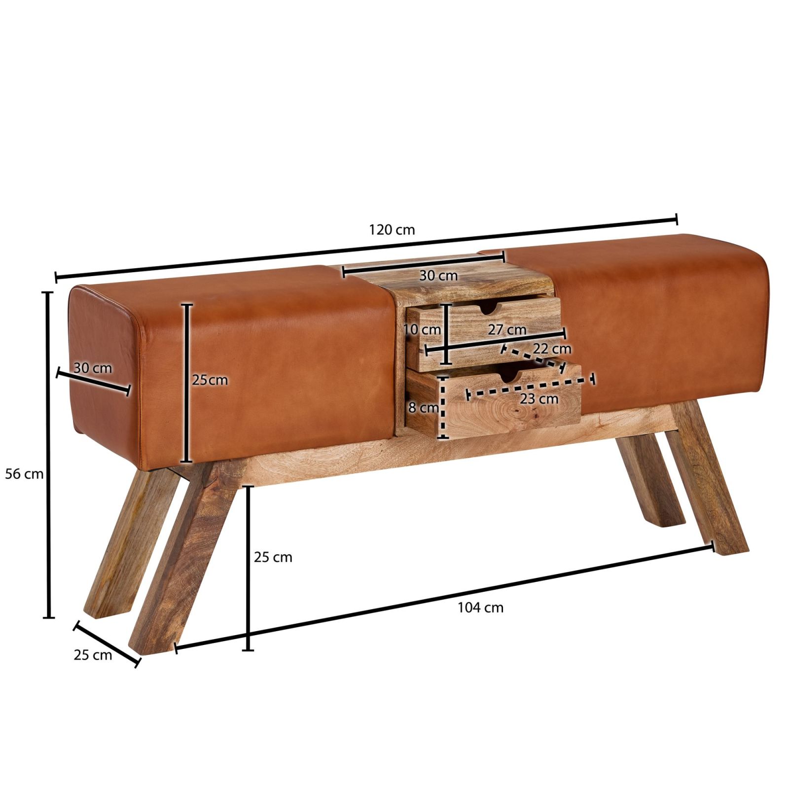 Sitzbank - braun - Mango massiv - Echtleder - 120 cm
