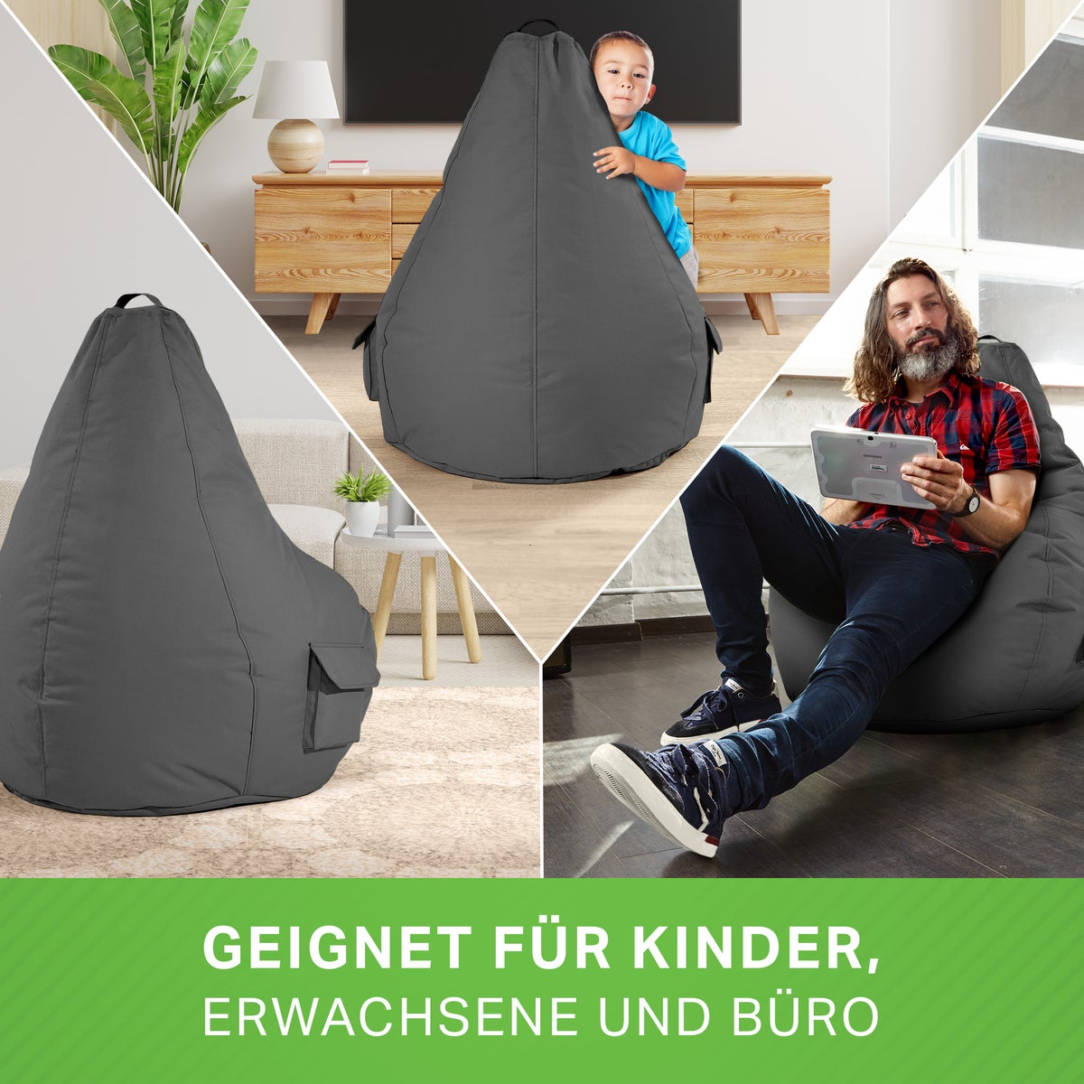 Green Bean Zitzak met rugleuning 80x70x90cm - Gaming stoel met 230L vulling, comfortabel, zacht, wasbaar - Zitzak vloerkussen, loungestoel, voetenbank, relaxstoel, gamerstoel, antraciet