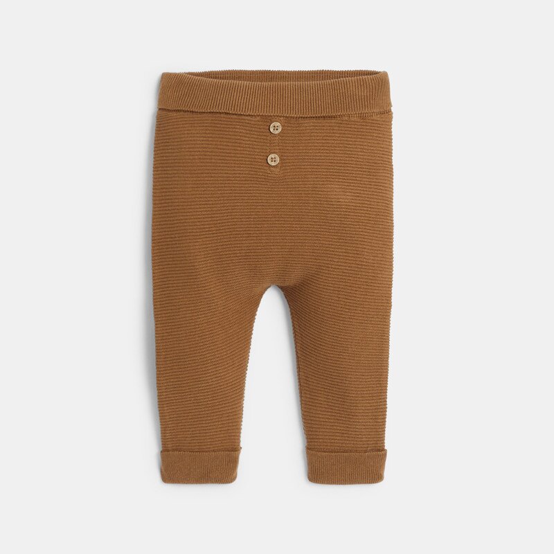 Pull maille tricot ours et pantalon maille marron bébé garçon Beige