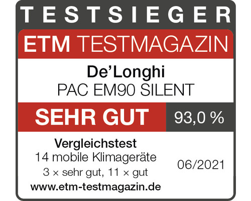 DeLonghi PAC EM90 Stille mobiele airconditioner voor ruimtes tot 95 m³ met 1,2 m afvoerslang + afstandsbediening