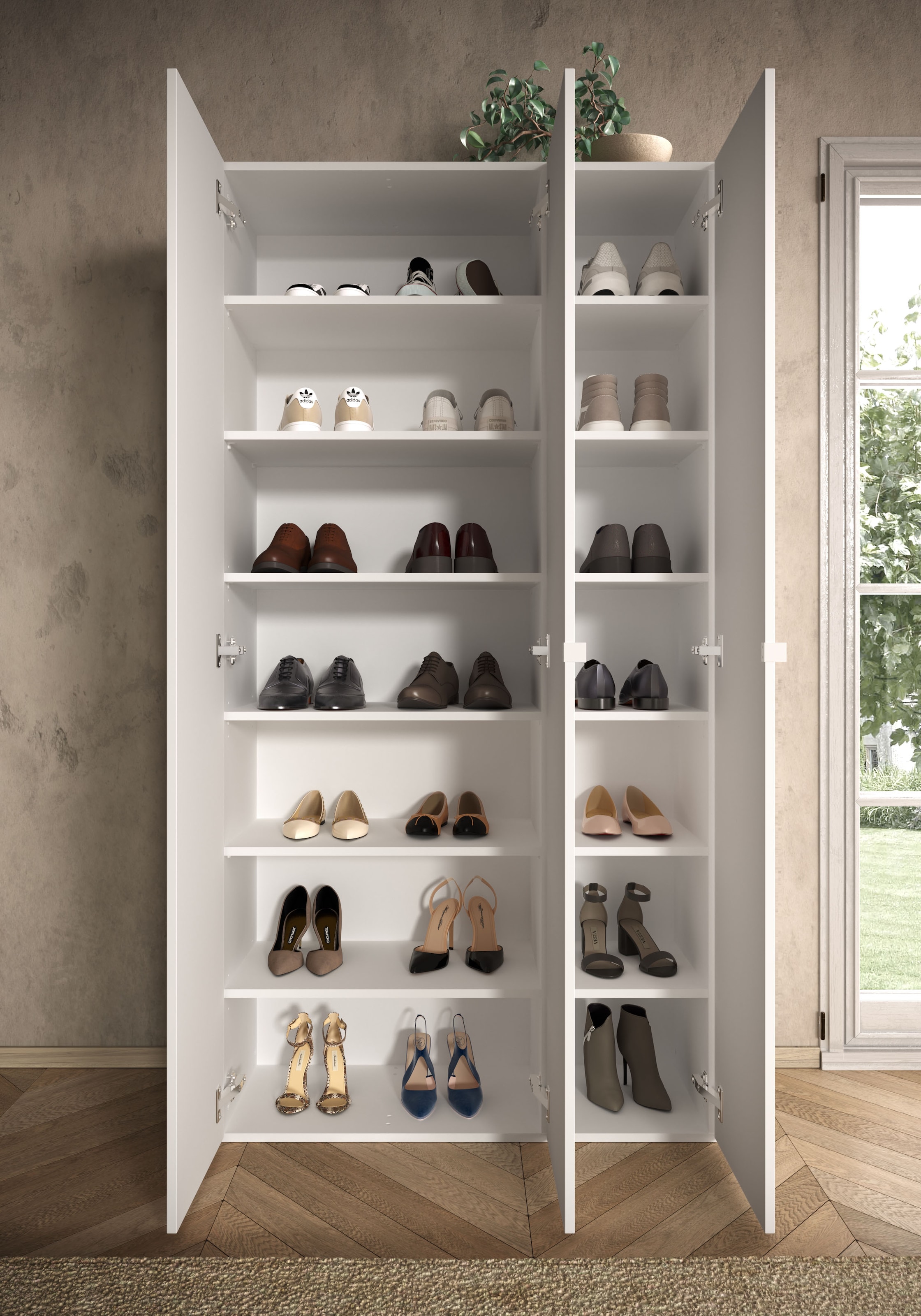 INOSIGN Schuhschrank »SMILE Breite 95 cm, Höhe 184 cm, Schuhregal mit 7 Ebenen,« Schuhkommode in Weiss Hochglanz Lack