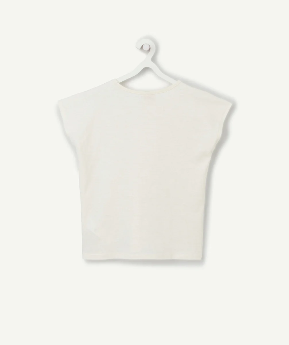 T-SHIRT FILLE ÉCRU EN COTON BIO AVEC BOUTONS PAILLETÉS