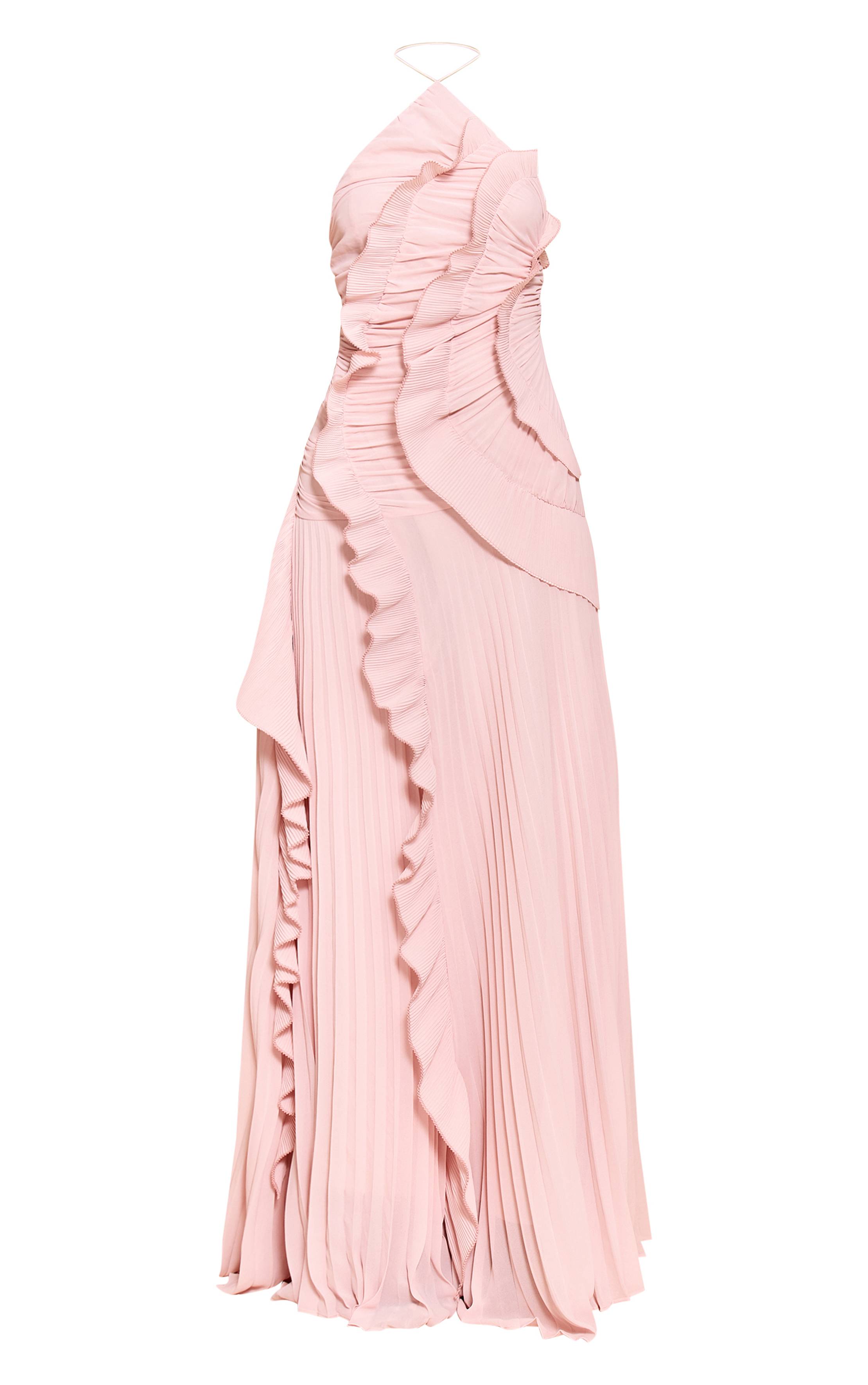 Rose Pâle Robe Longue Plissée À Volants Et Col Licou