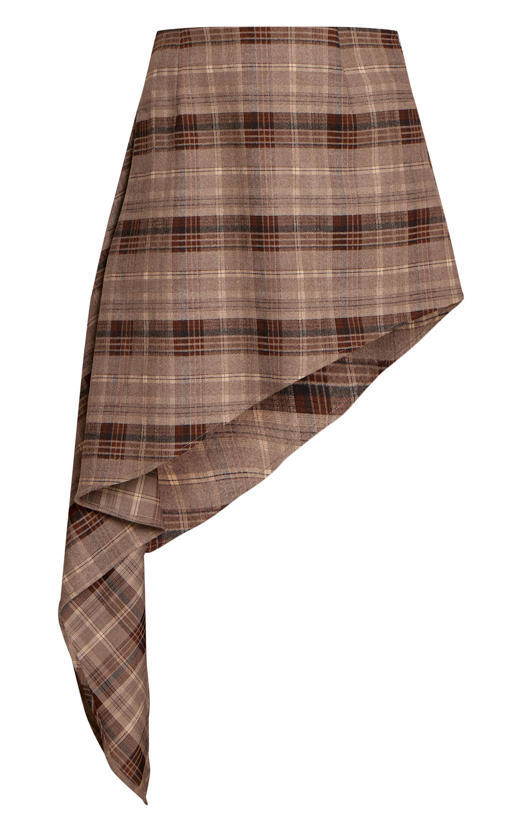 Marron Jupe Mini Asymétrique Tissée Brossée À Carreaux
