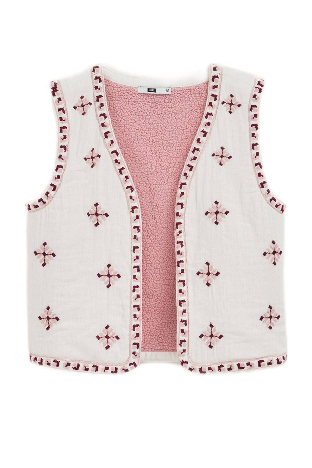 WE Fashion gilet met all over print en borduursels wit/donkerrood/lichtroze