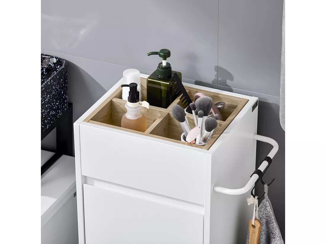 SoBuy Armoire à Linge Meuble Bas de Salle de Bain Corbeille à Linge Meuble de Rangement avec 4 Petits Compartiments Ouverts et 1 Panier à Linge Amovible, Blanc, 35x30x90 cm, BZR159-W