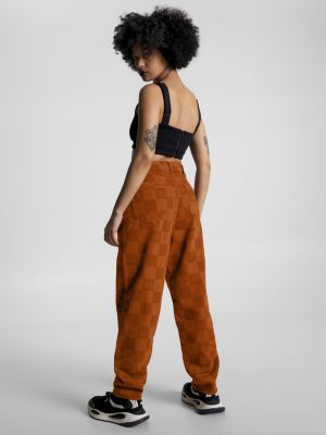 Calças jeans xadrez unissex com modelagem relaxada