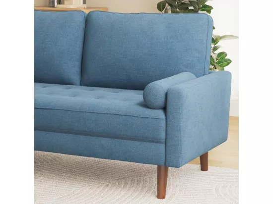 Canapé 3 places en tissu Lin bleu - Scandinave - avec 2 Oreillers et Accoudoirs - Pieds bois massif - 173x77x84cm