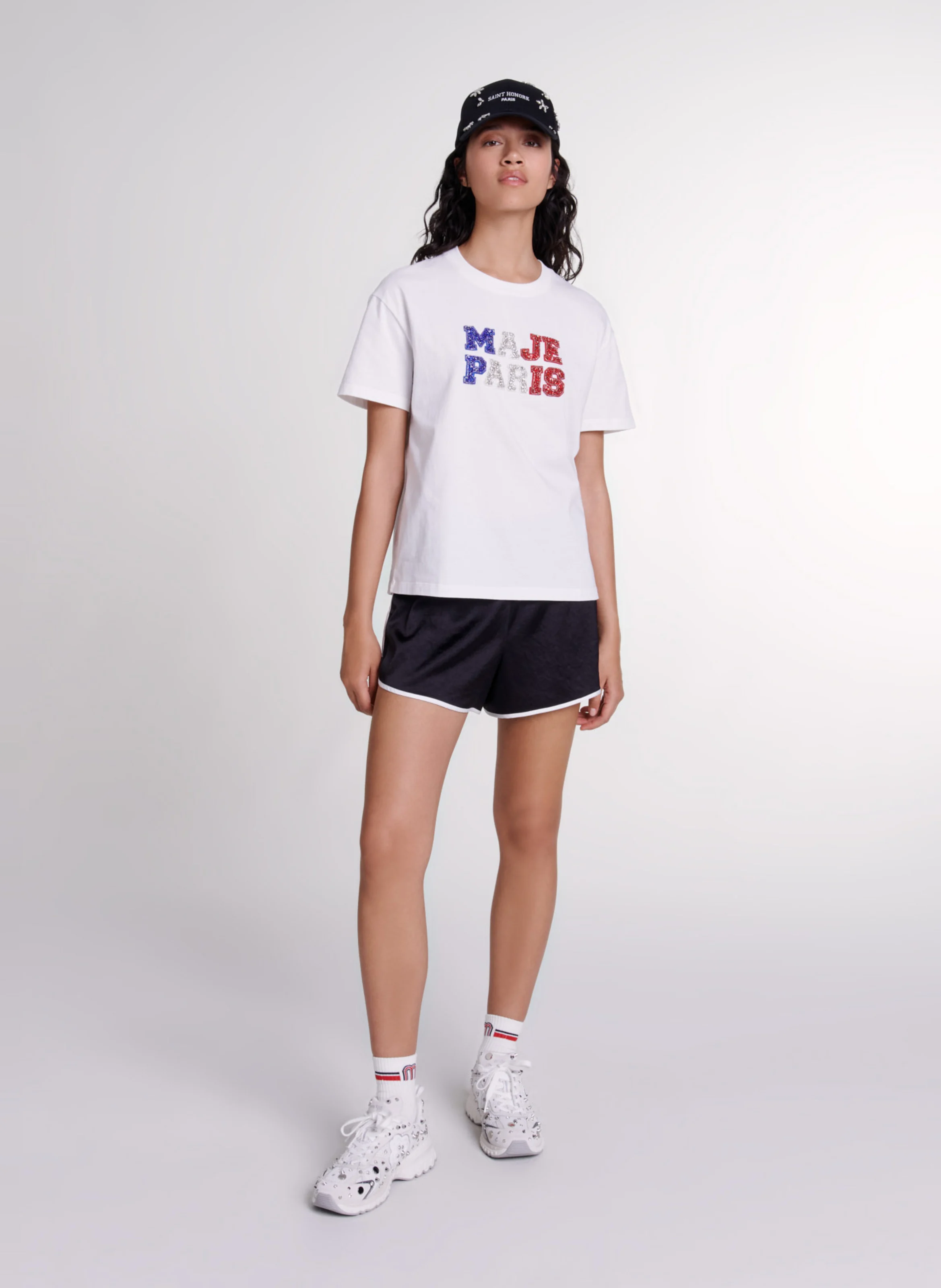 Tee-shirt droit col rond en coton strassé | Blanc