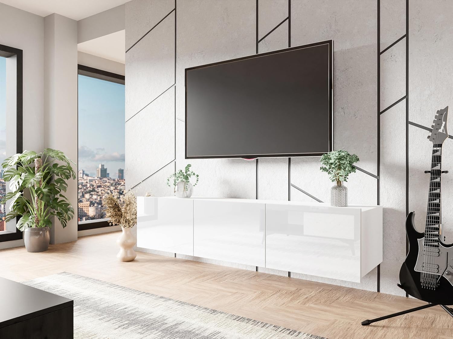 Mirjan24 TV Schrank Calabrini 150 BR04 TV Lowboard mit Grifflose Öffnen, Fernsehschrank Hängeschrank Hochglanz Matt Wohnwand (Weiß/Weiß Hochglanz)