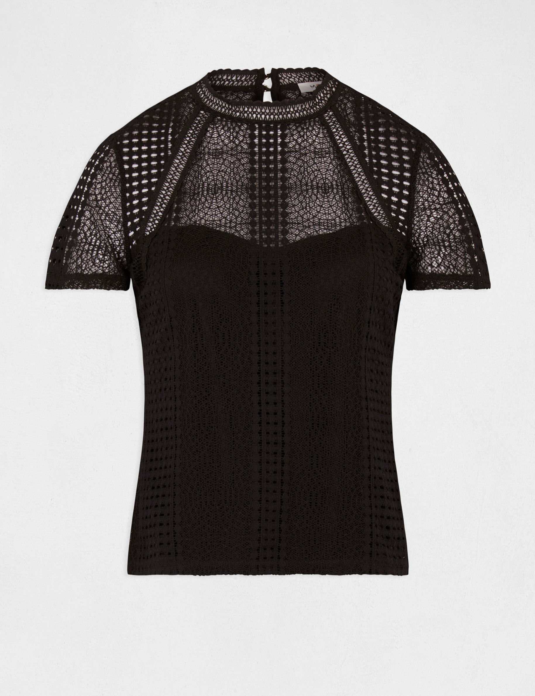 T-shirt manches courtes à dentelle noir femme - noir