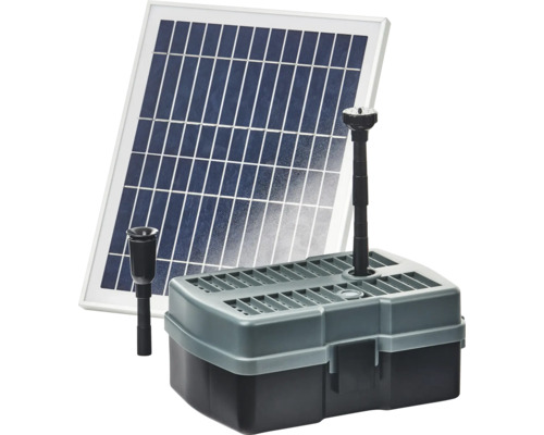 HEISSNER vijverfilterset met zonnepompen, tot 600 l/u, met waterspel, externe zonnemodule, 3 m aansluitkabel, geïntegreerde 5 W UVC vijverzuiveraar voor vijvers tot ca. 1000 l