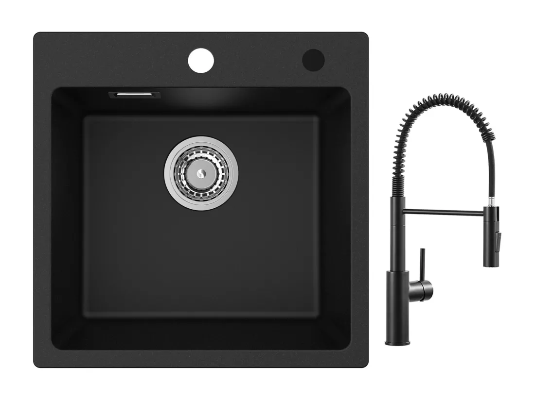 Cecipa max Evier Quartz Noir 45x45 cm Evier 1 Bac en Quartz et Résine Evier de Cuisine + Mitigeur Cuisine à Ressort Noir avec Douchette Extractible