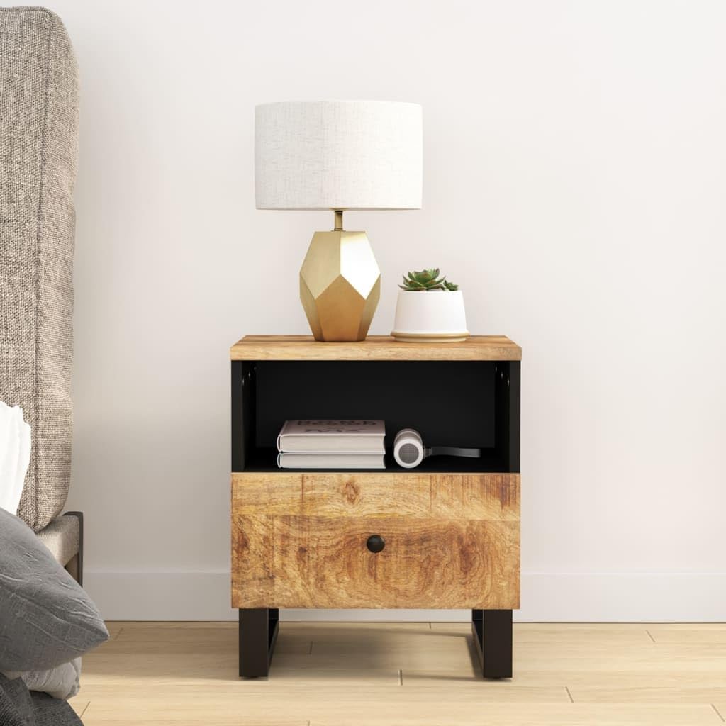 Nachttisch Massivholz Mango & Holzwerkstoff Industrial Style mit Metallbeinen, 1 Fach und 1 Schublade für Stauraum, stabile Oberplatte