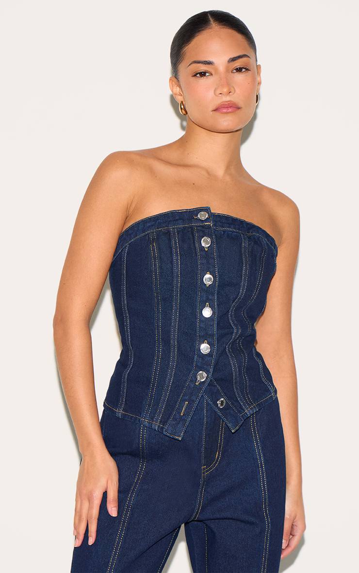 Bleu Indigo Foncé Corset Bustier Petite À Coutures Contrastées