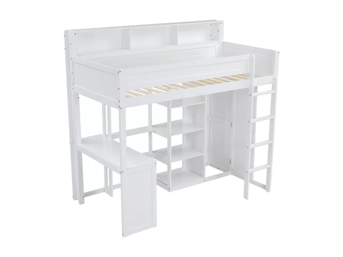 Lit mezzanine en bois de pin et MDF - 90x200 cm - avec étagères au-dessus、bureau et armoire - Blanc