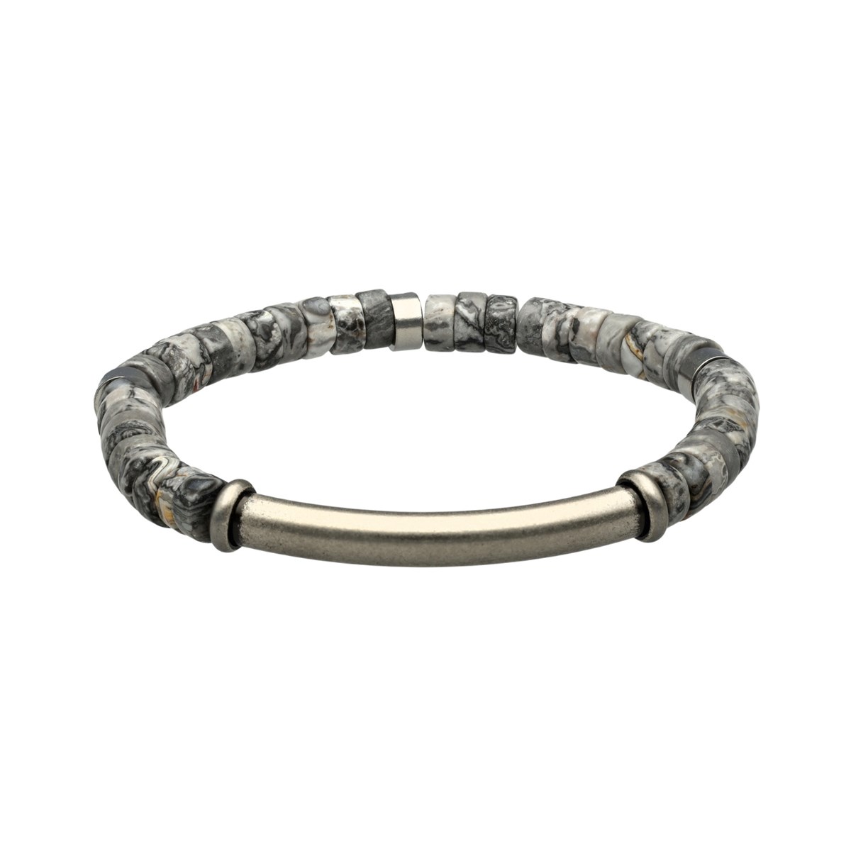 Bracelet Perles Heishi Pierres Naturelles Jaspe Gris Moucheté Barre Acier-XS-14cm