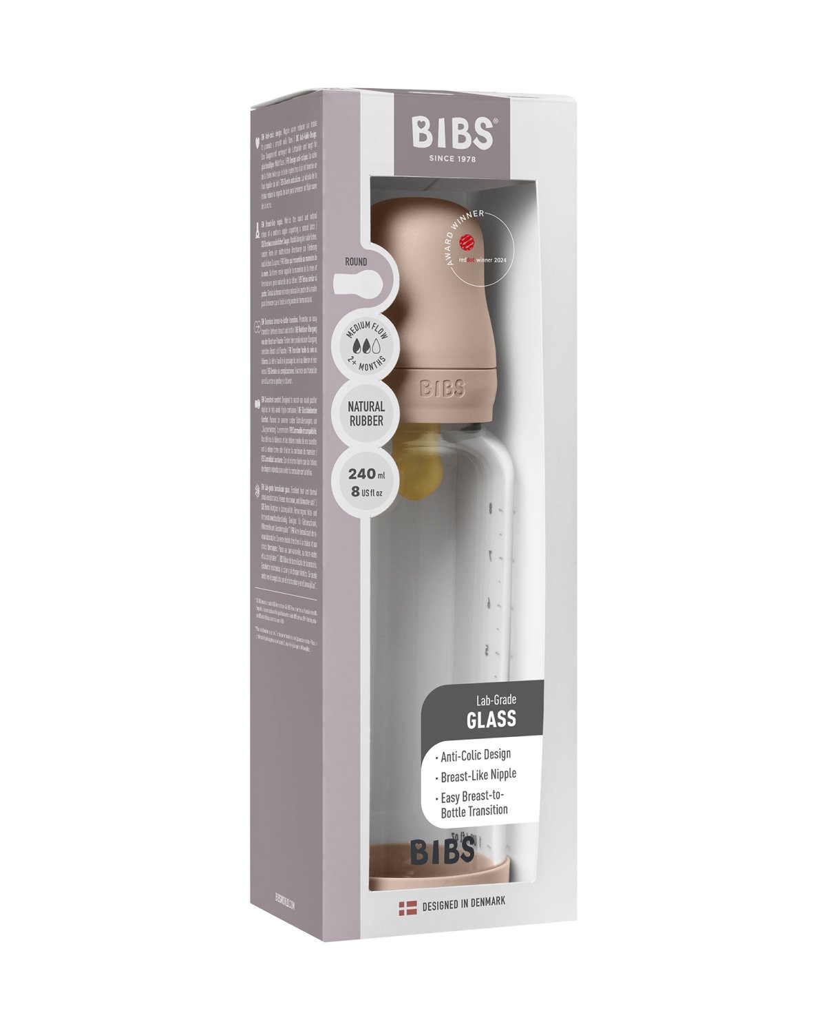 BIBS Tåteflaske i Glass med silikonbunn | Komplett Sett – 240ml