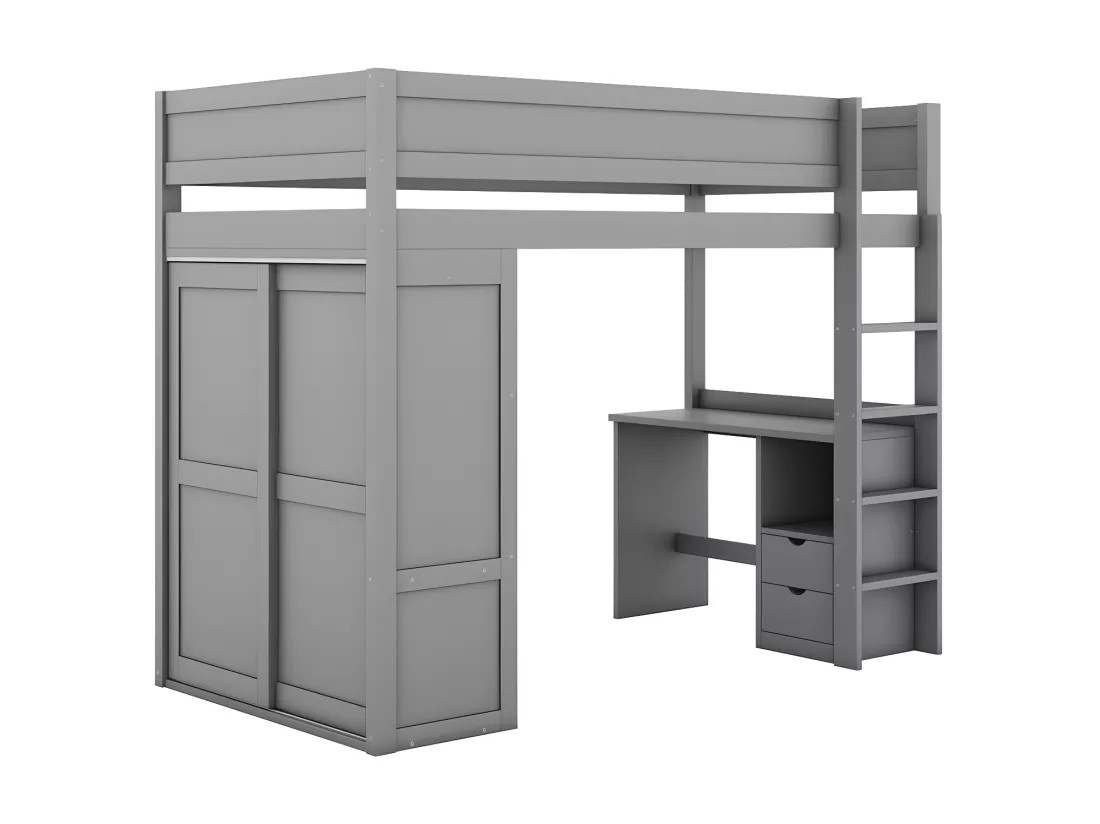 Lit mezzanine 90x200cm - lit enfant multifonctionnel - équipé d'une armoire et un bureau - en pin massif - Gris