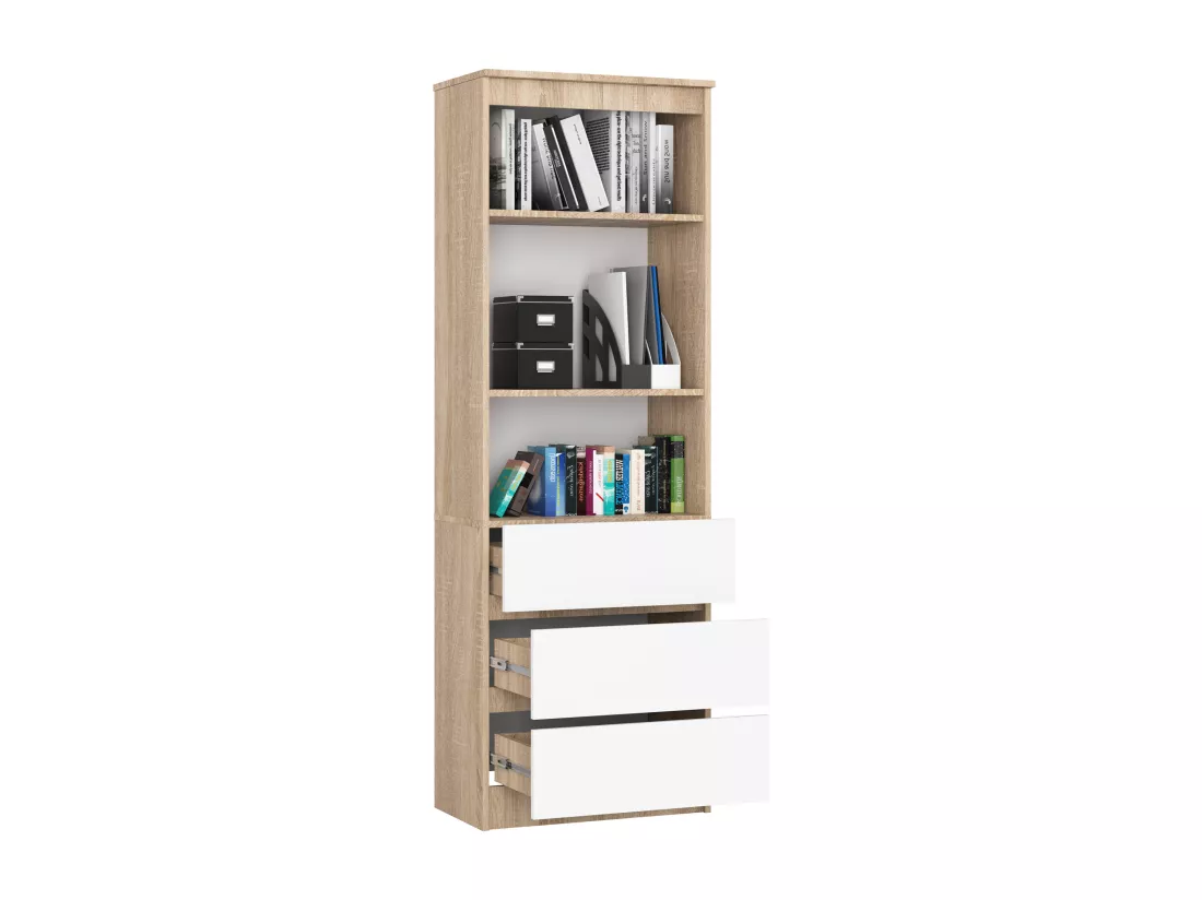 Bibliothèque de bureau AKORD R60 Chêne Sonoma 60 cm 3 tiroirs façade Blanche mat 3 étagères 60x35x180 cm